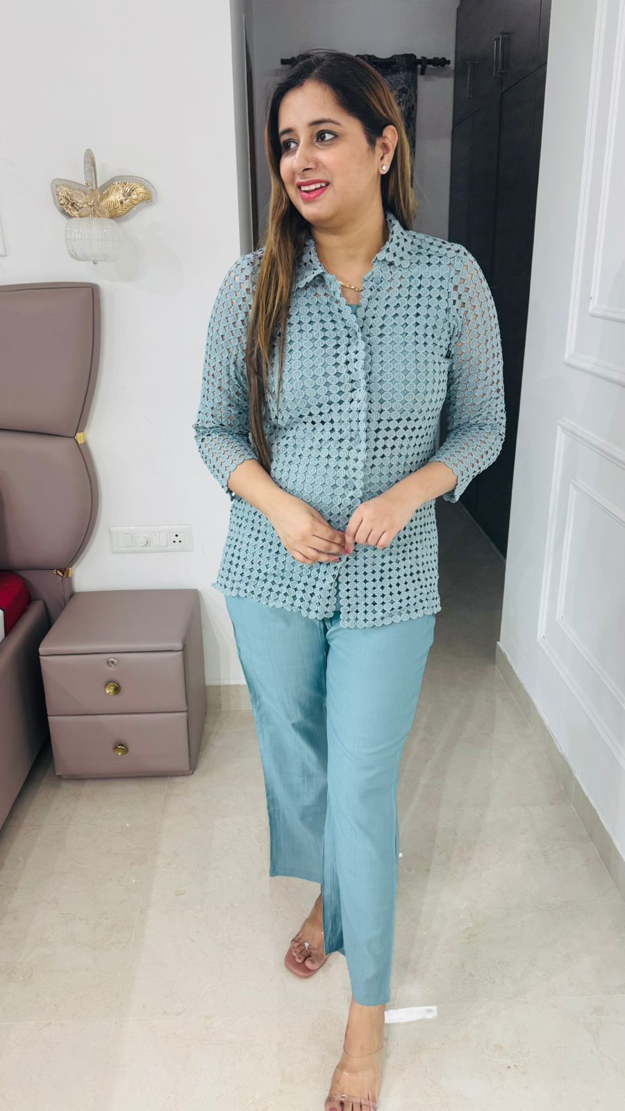 Ishira✨ | Designer Sky Blue Coordset – Geometric Printed Two-Piece Set