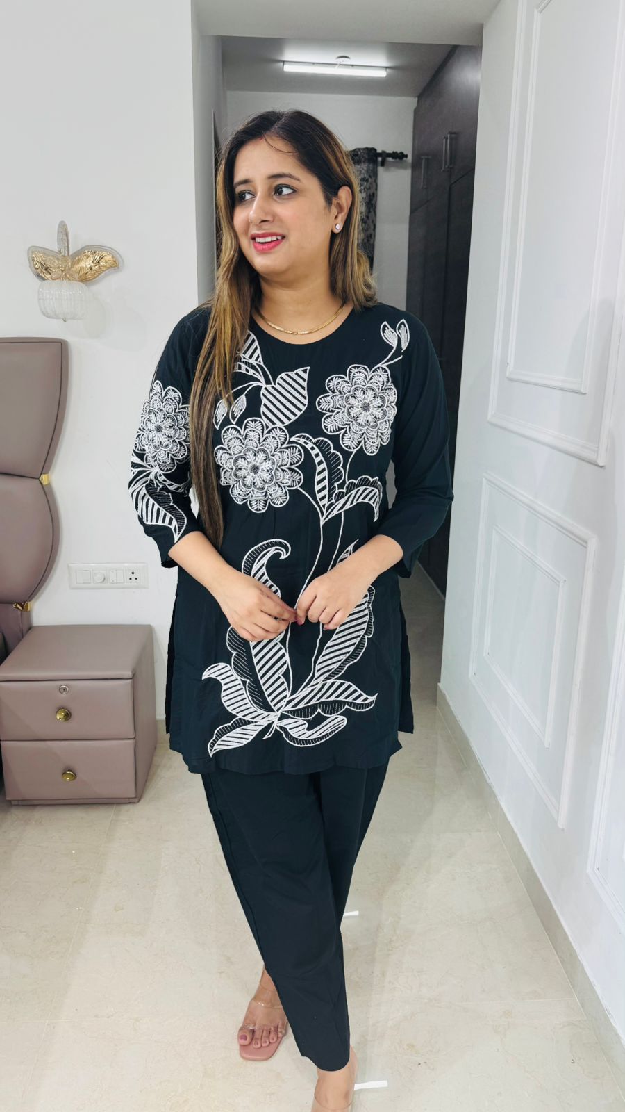 Zyana🦋 | Designer Black Coordset with Oversized White Floral Embroidery