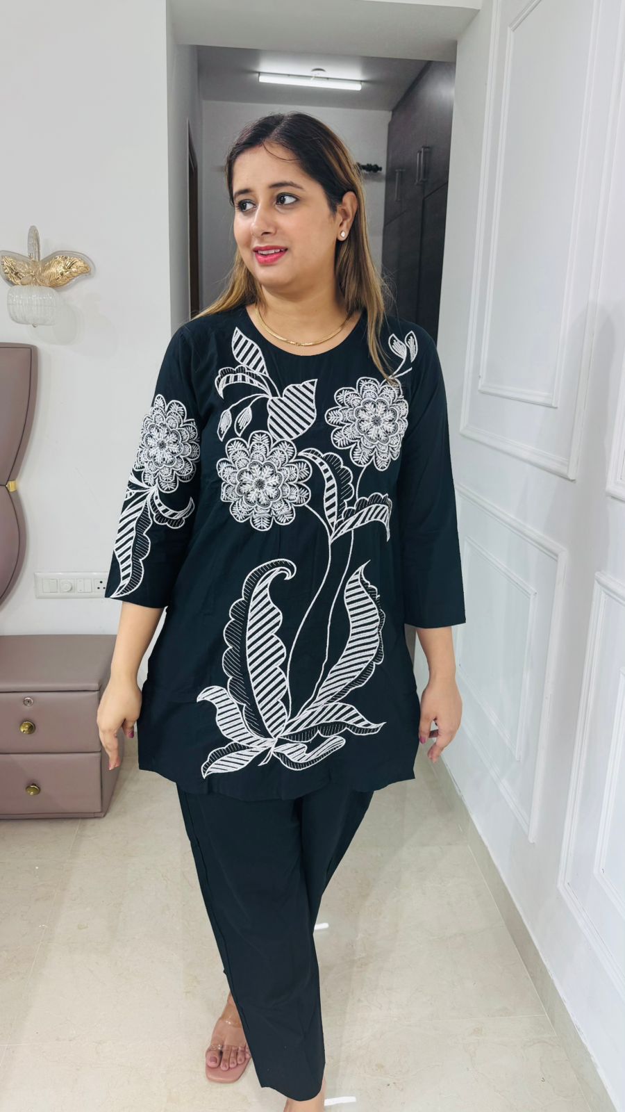 Zyana🦋 | Designer Black Coordset with Oversized White Floral Embroidery