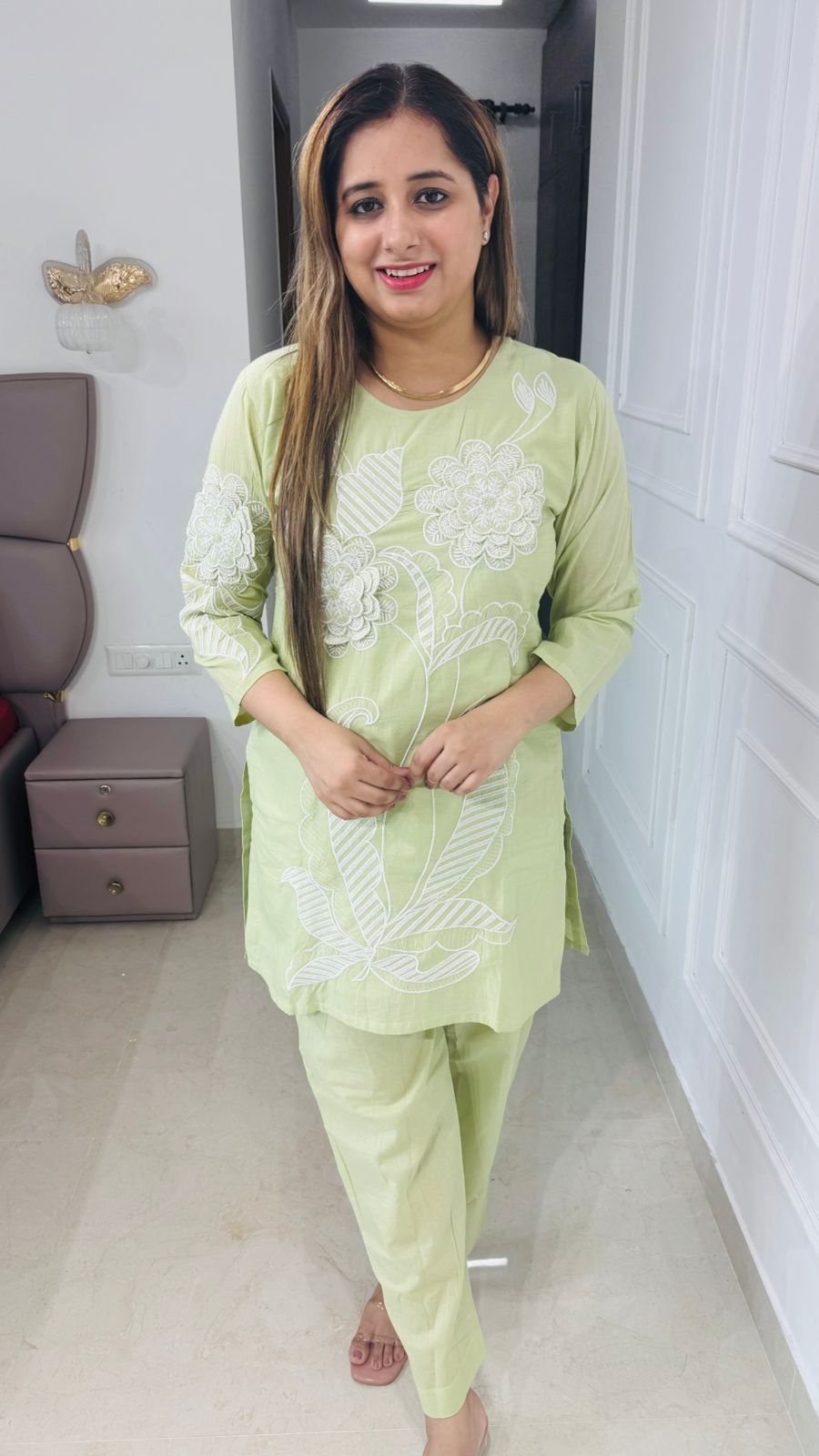 Selora🪷 | Pistachio Green Embroidered Floral Coordset