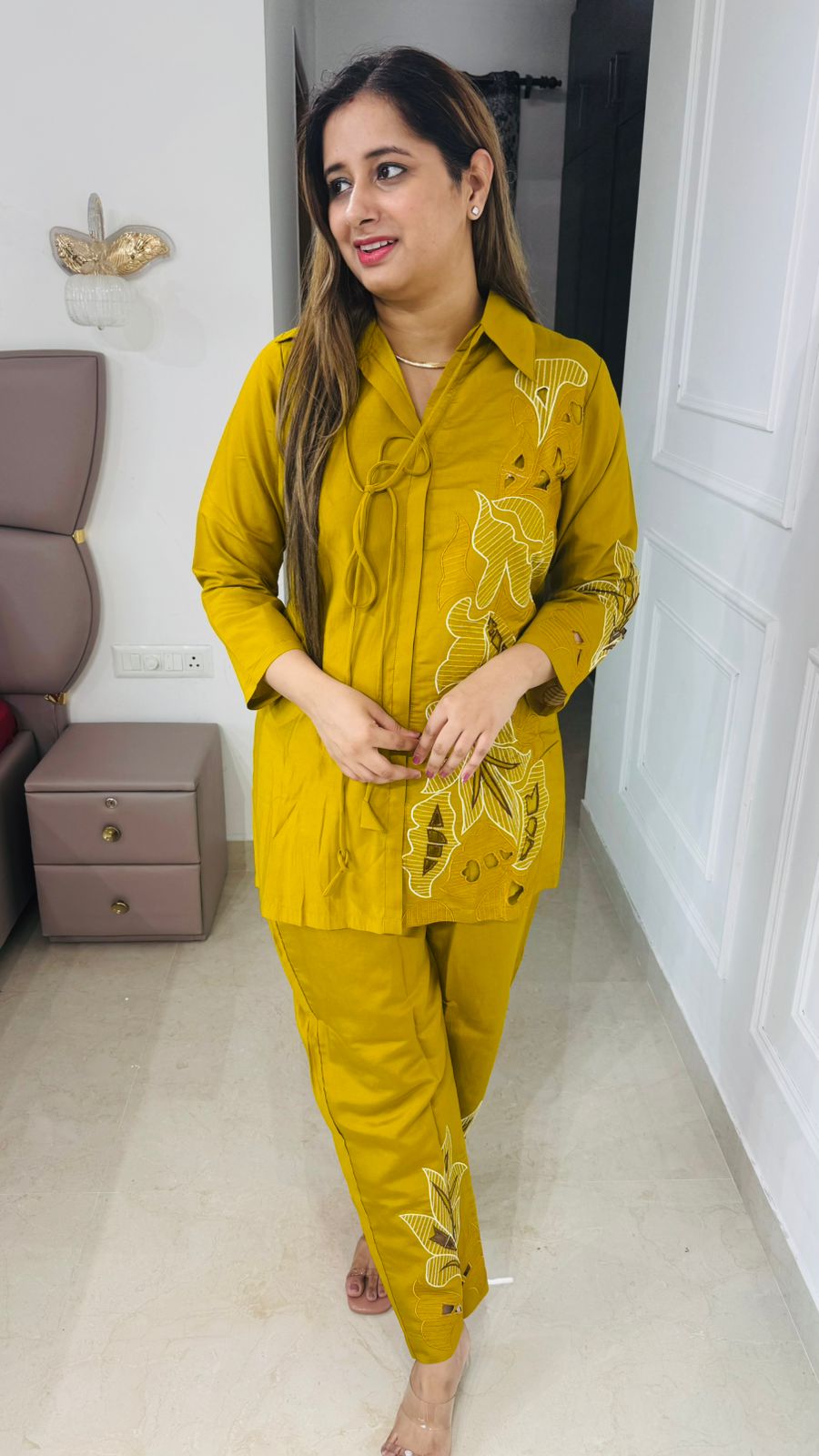 Florae🌼| Mustard Yellow Cutwork Embroidered Coordset with Tie-Front Kurta