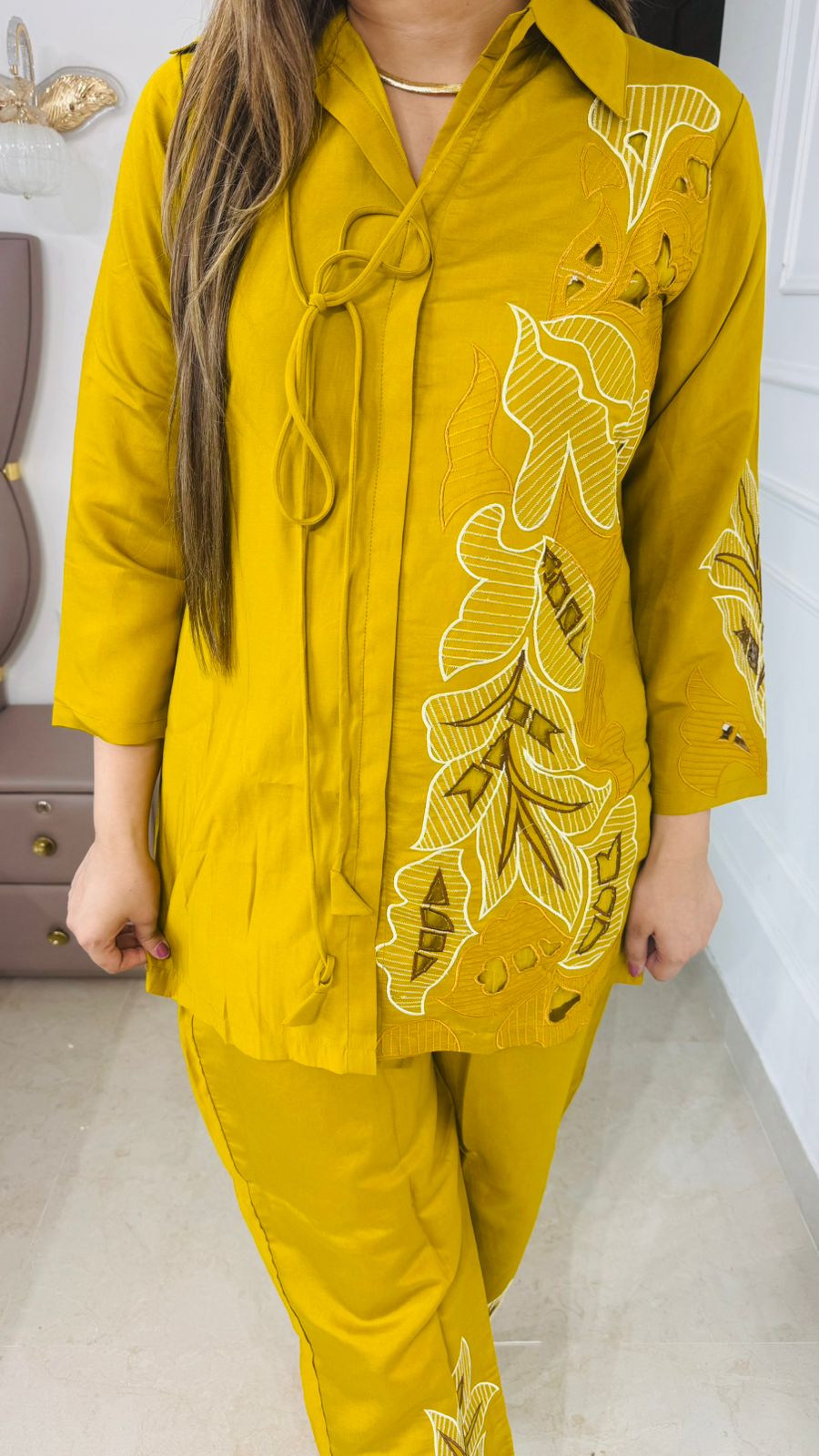Florae🌼| Mustard Yellow Cutwork Embroidered Coordset with Tie-Front Kurta