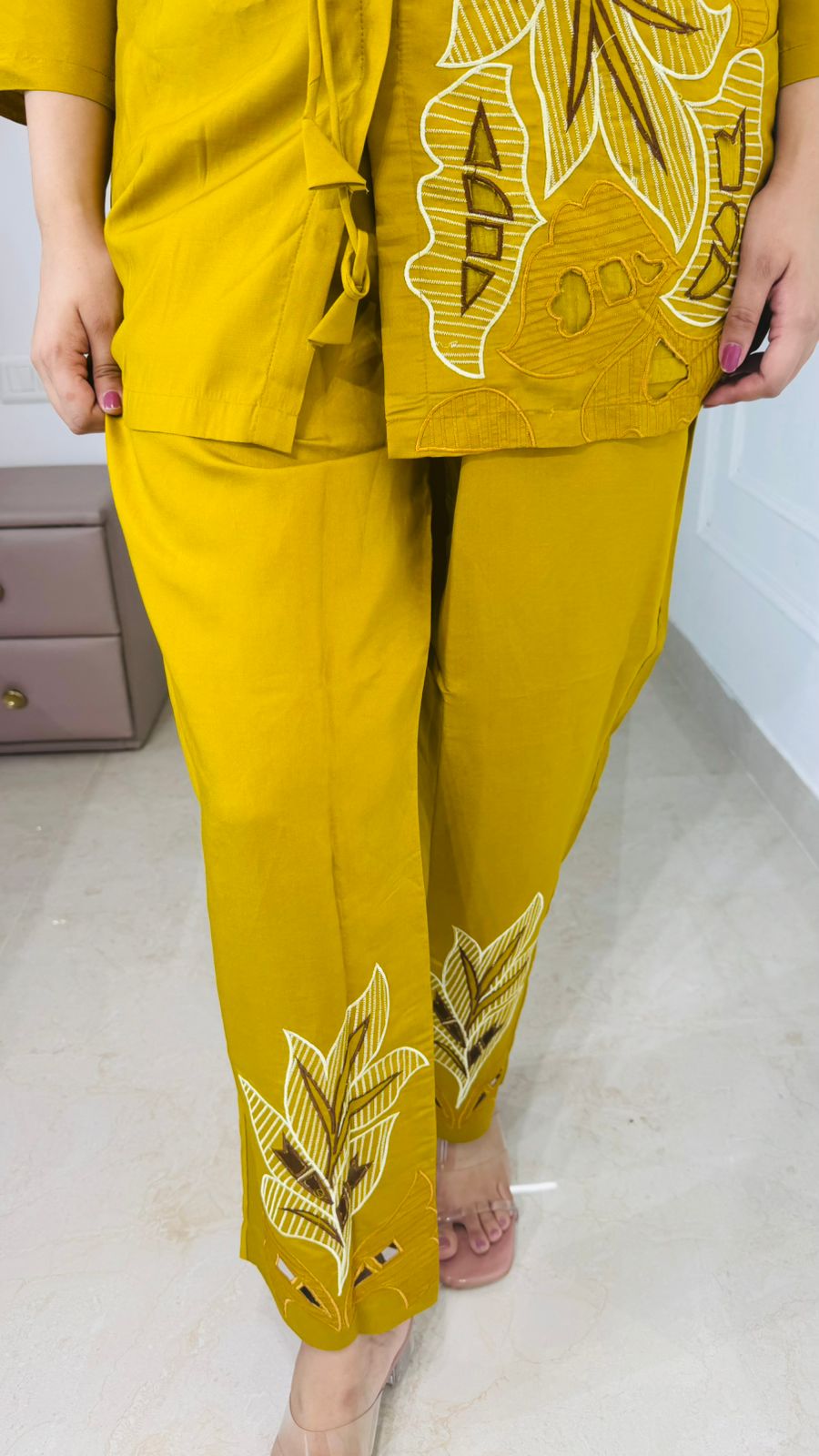 Florae🌼| Mustard Yellow Cutwork Embroidered Coordset with Tie-Front Kurta