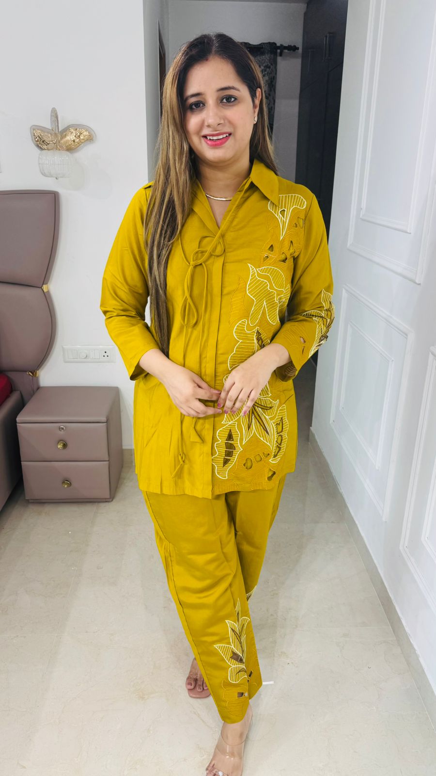 Florae🌼| Mustard Yellow Cutwork Embroidered Coordset with Tie-Front Kurta