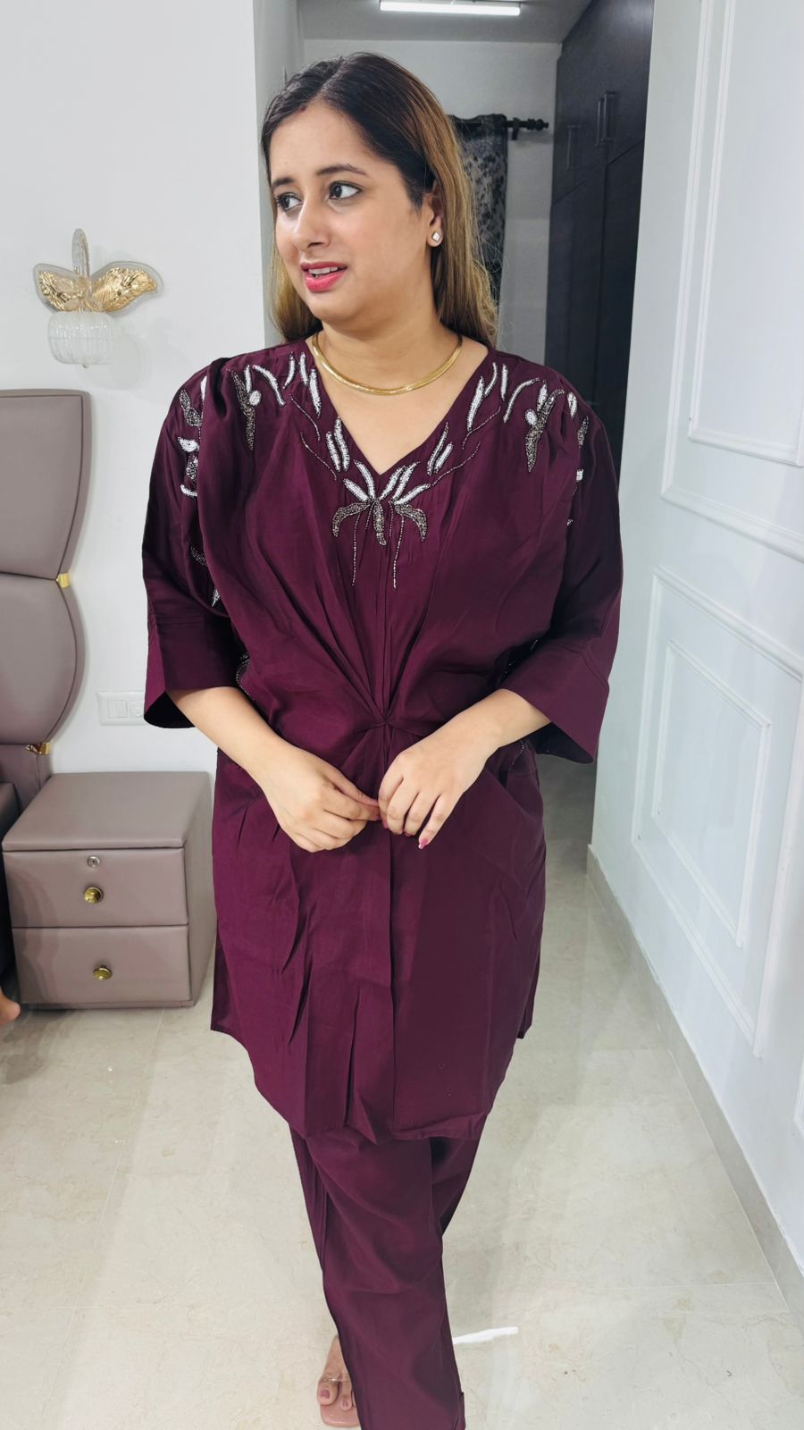 Blooma🪻 | Maroon Hand-Embroidered V-Neck Draped Coordset