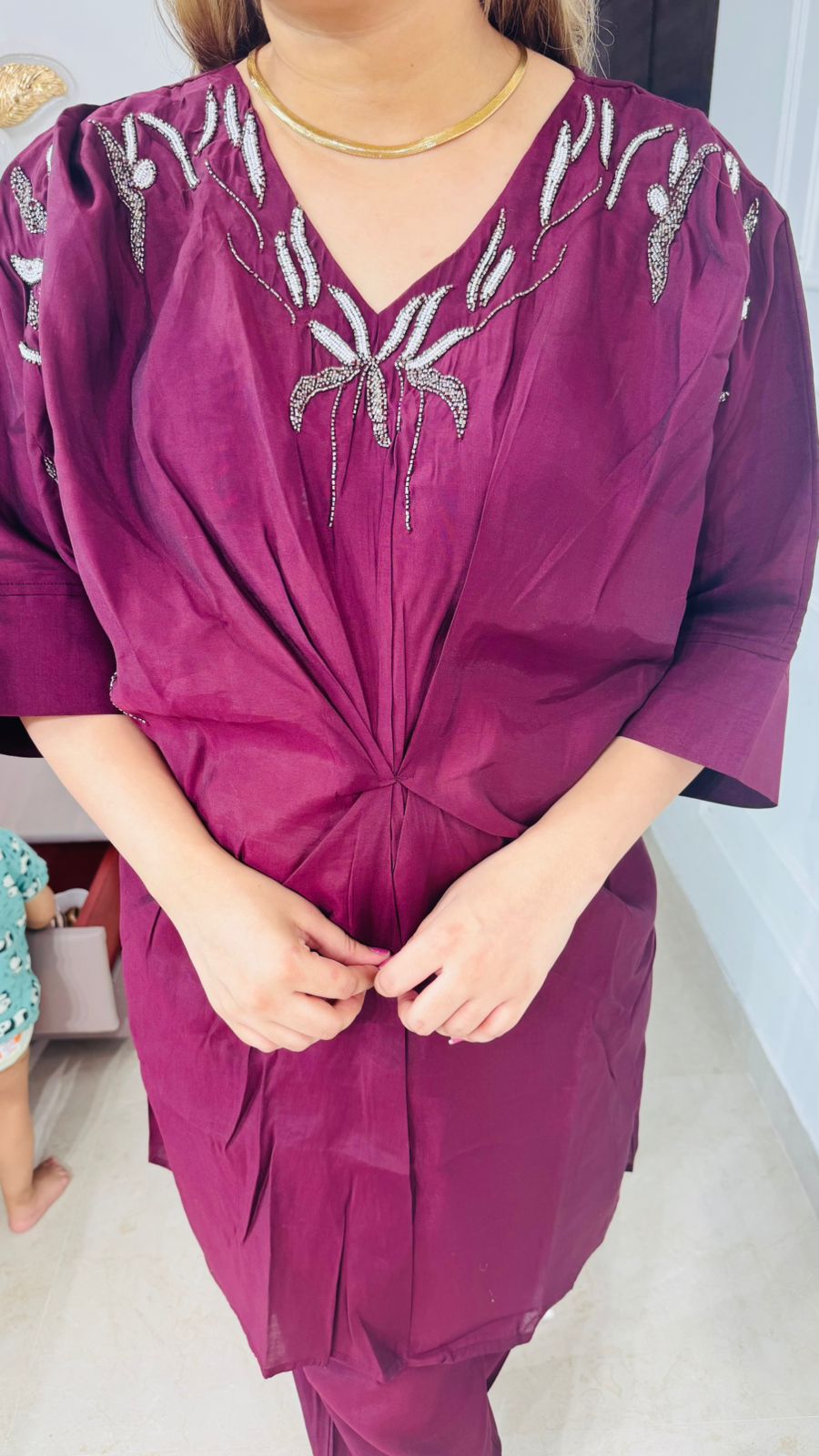 Blooma🪻 | Maroon Hand-Embroidered V-Neck Draped Coordset