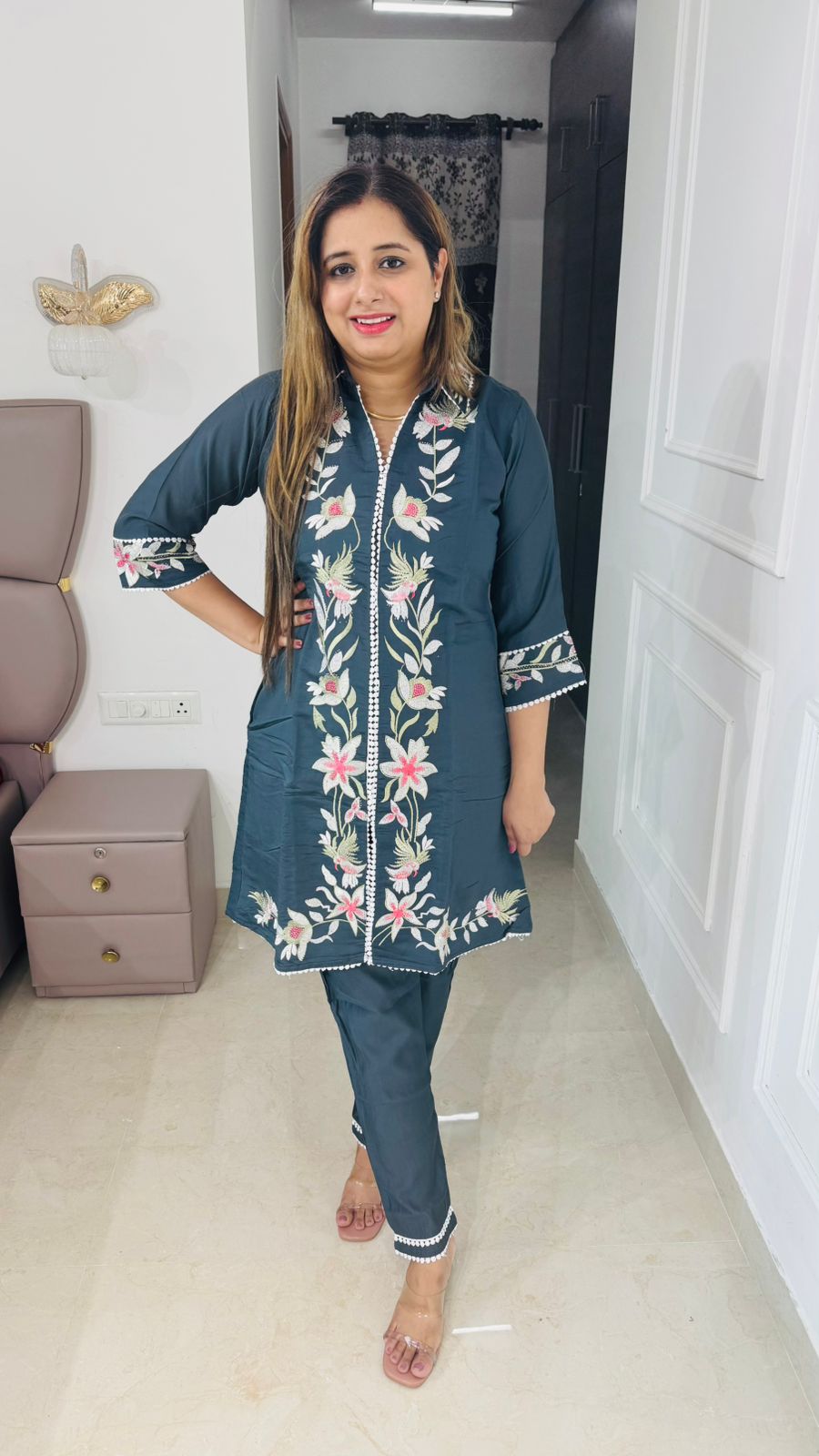 Lilora🌷 | Teal Blue Embroidered Floral Coordset with Statement Kurta