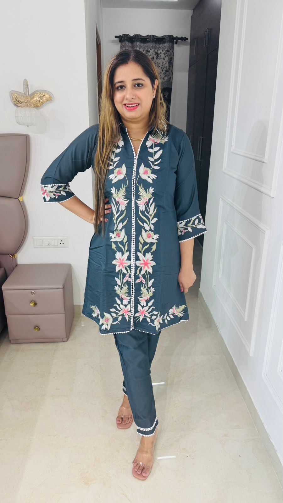 Lilora🌷 | Teal Blue Embroidered Floral Coordset with Statement Kurta