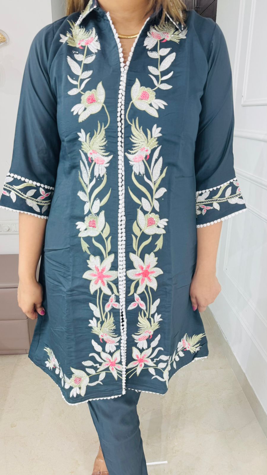Lilora🌷 | Teal Blue Embroidered Floral Coordset with Statement Kurta