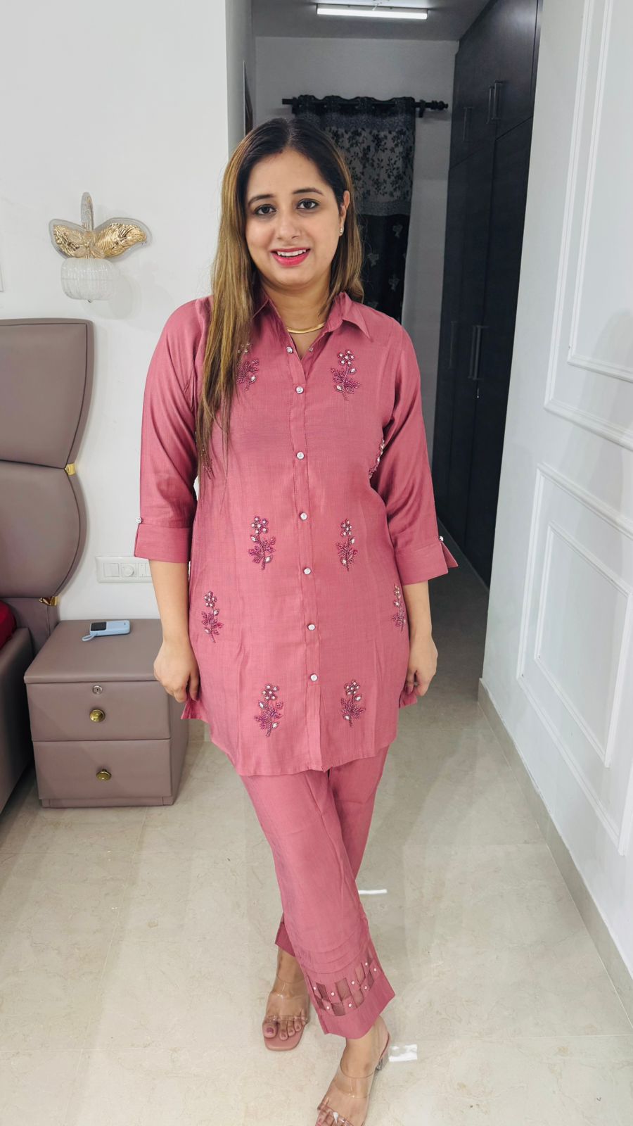 Auriva🪐 | Blush Embroidered Silk Coordset with Palazzo Pants