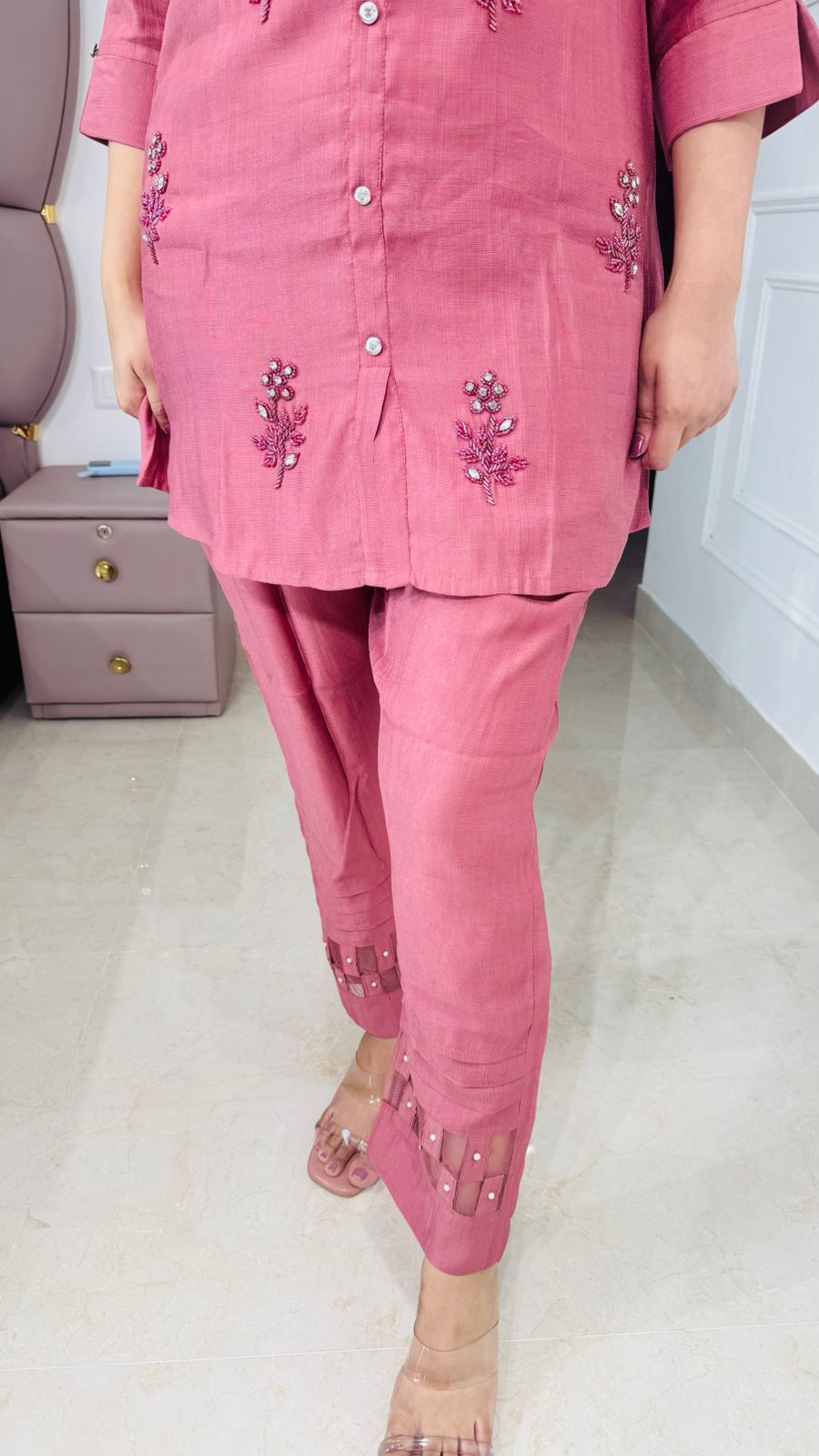 Auriva🪐 | Blush Embroidered Silk Coordset with Palazzo Pants