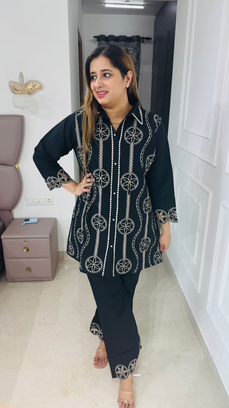 Elvya🧚‍♀️| Designer Black Embroidery Coordset with Geometric Motifs