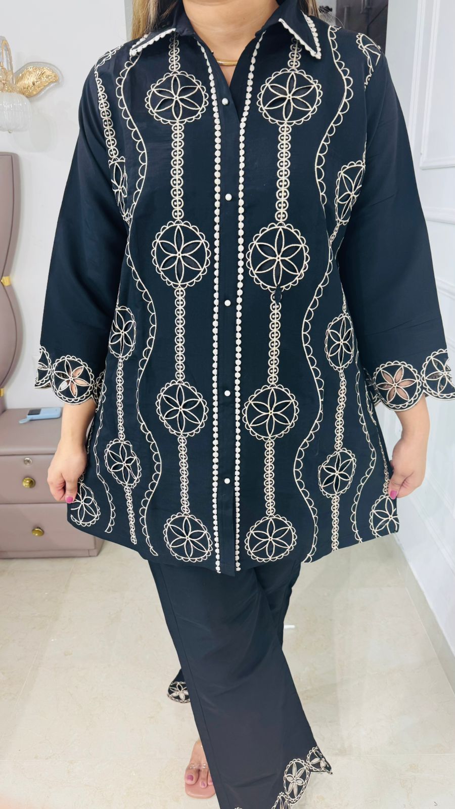 Elvya🧚‍♀️| Designer Black Embroidery Coordset with Geometric Motifs