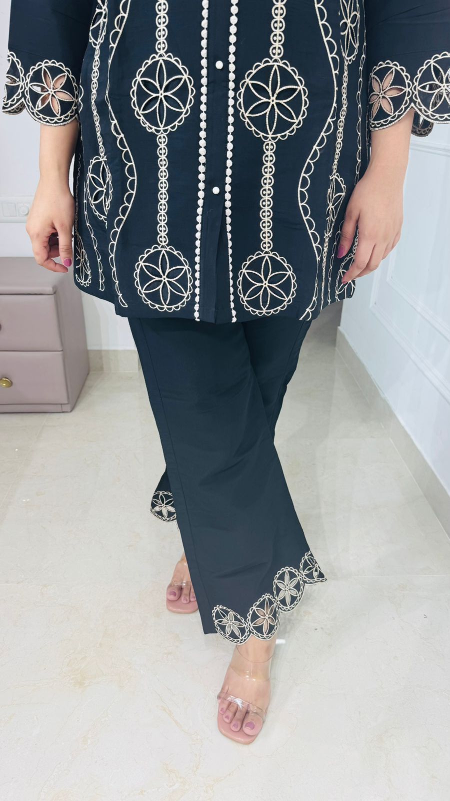 Elvya🧚‍♀️| Designer Black Embroidery Coordset with Geometric Motifs