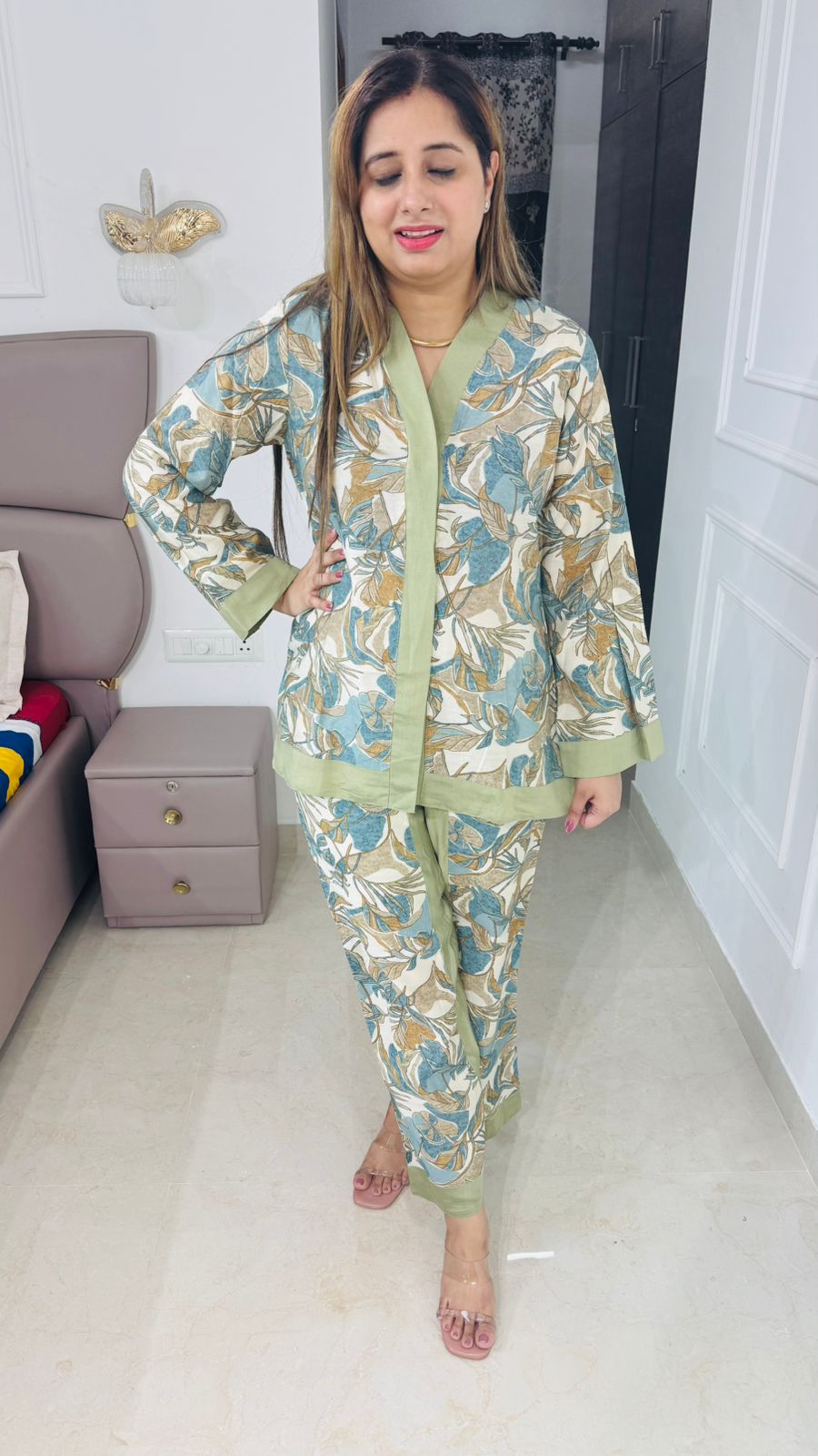 Zynah⚡| Premium Leaf Print Coordset with Pastel Green Detailing