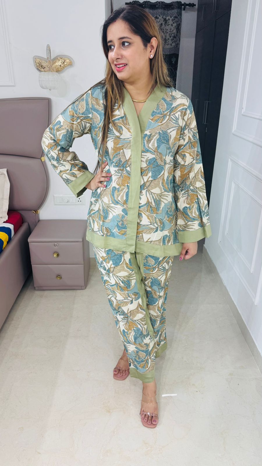 Zynah⚡| Premium Leaf Print Coordset with Pastel Green Detailing