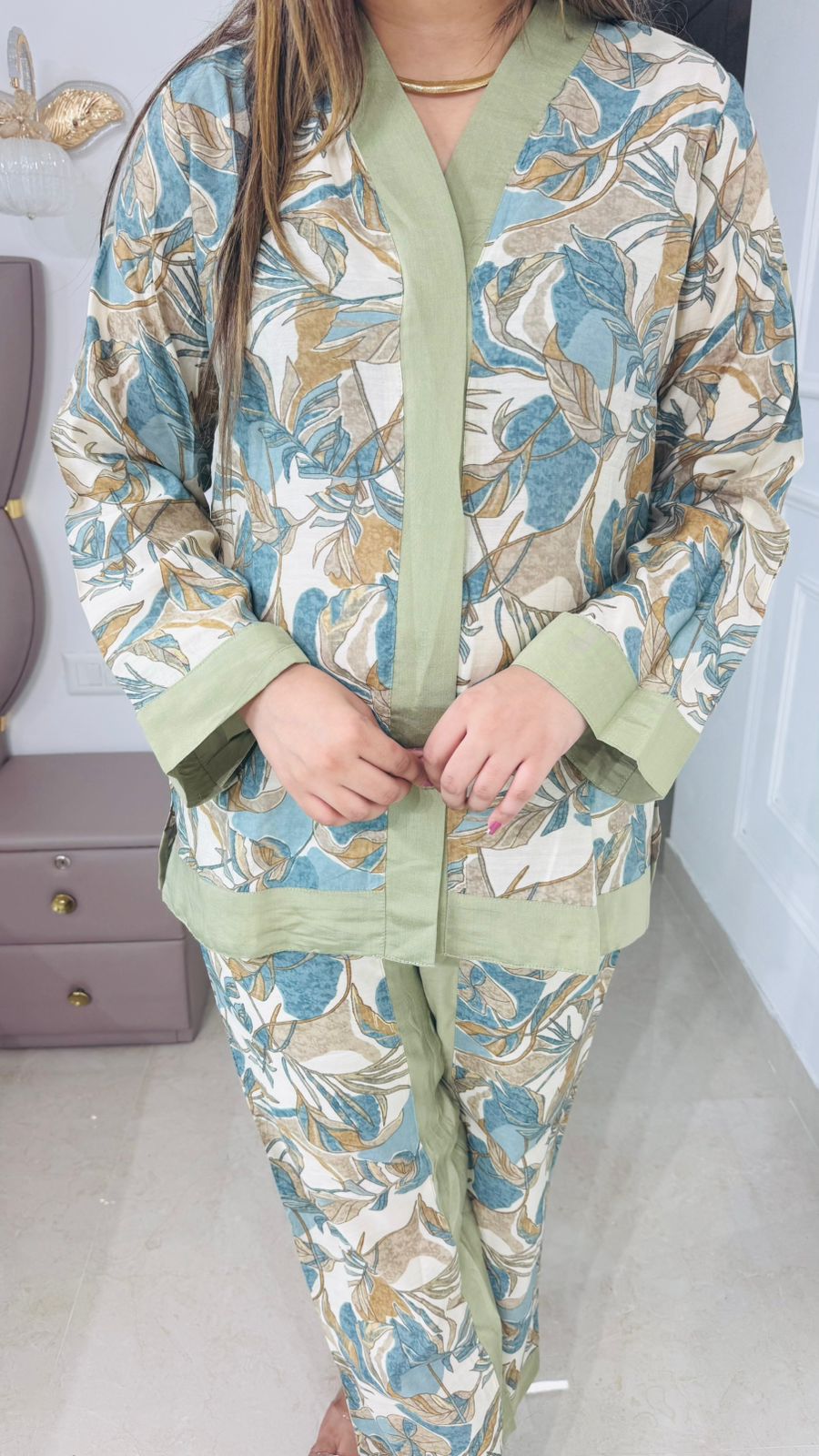 Zynah⚡| Premium Leaf Print Coordset with Pastel Green Detailing