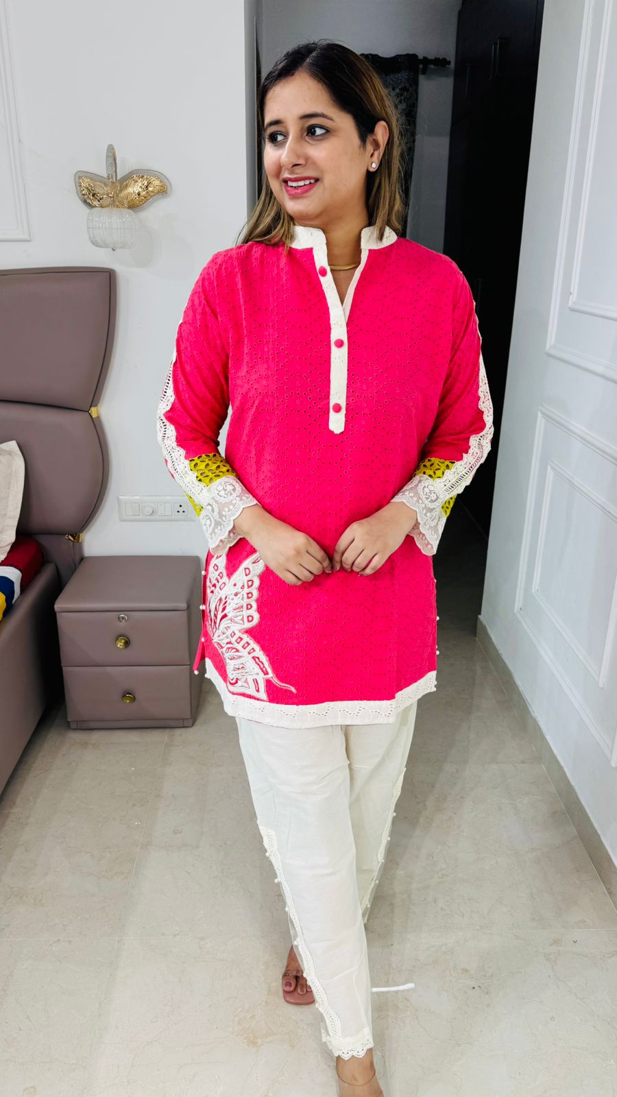 Lumora💡 | Designer Pink Kurta Set with White Lace Sleeve Details