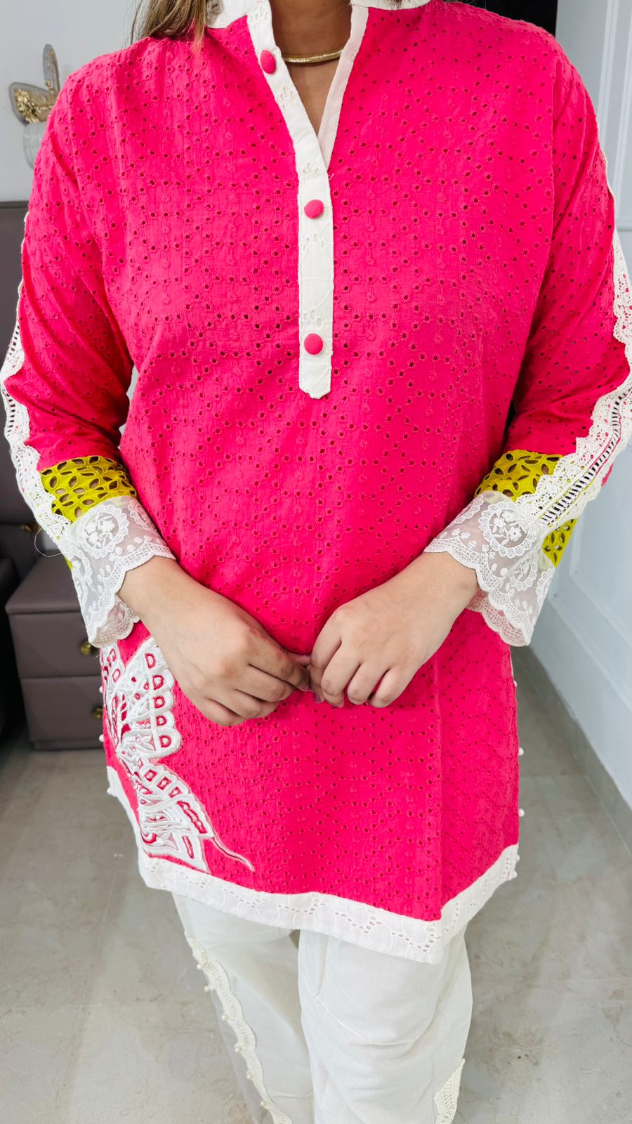 Lumora💡 | Designer Pink Kurta Set with White Lace Sleeve Details