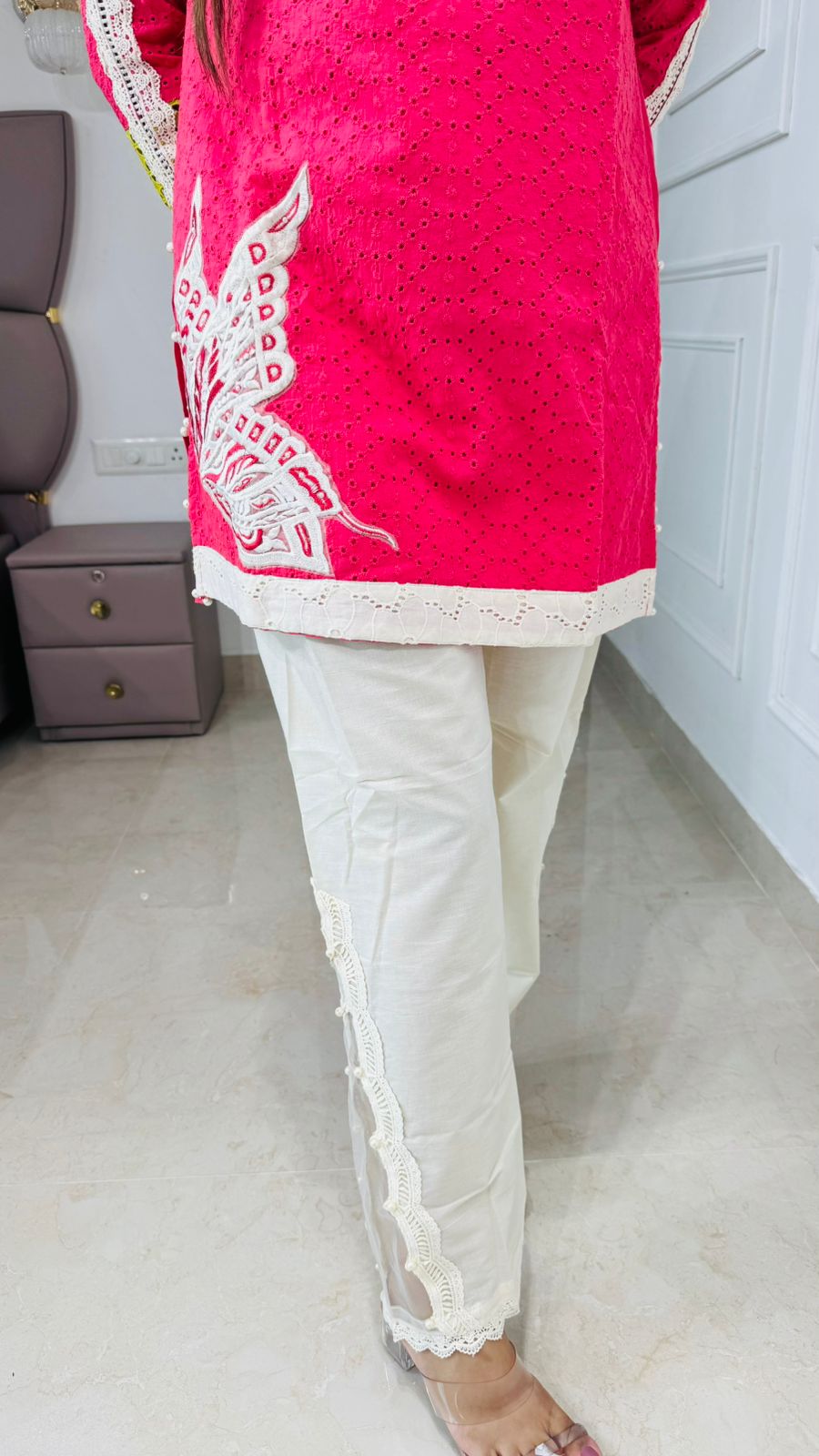 Lumora💡 | Designer Pink Kurta Set with White Lace Sleeve Details