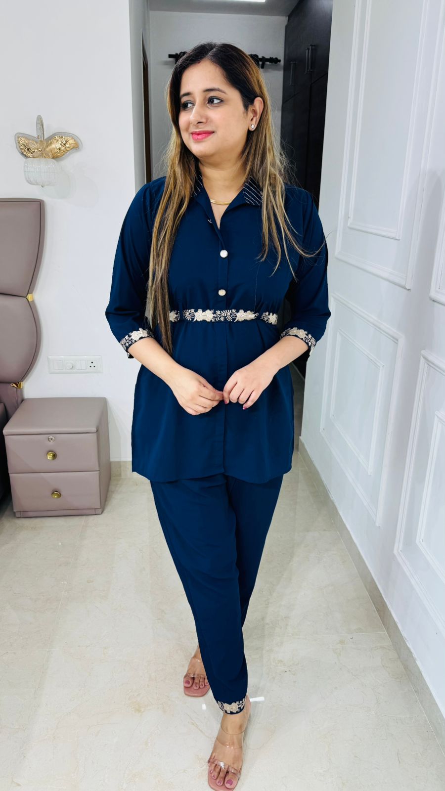 Nayira🌺 | Modern Navy Blue Coord Set with Gota Highlighted Cuffs and Trousers