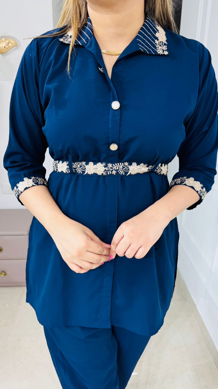 Nayira🌺 | Modern Navy Blue Coord Set with Gota Highlighted Cuffs and Trousers