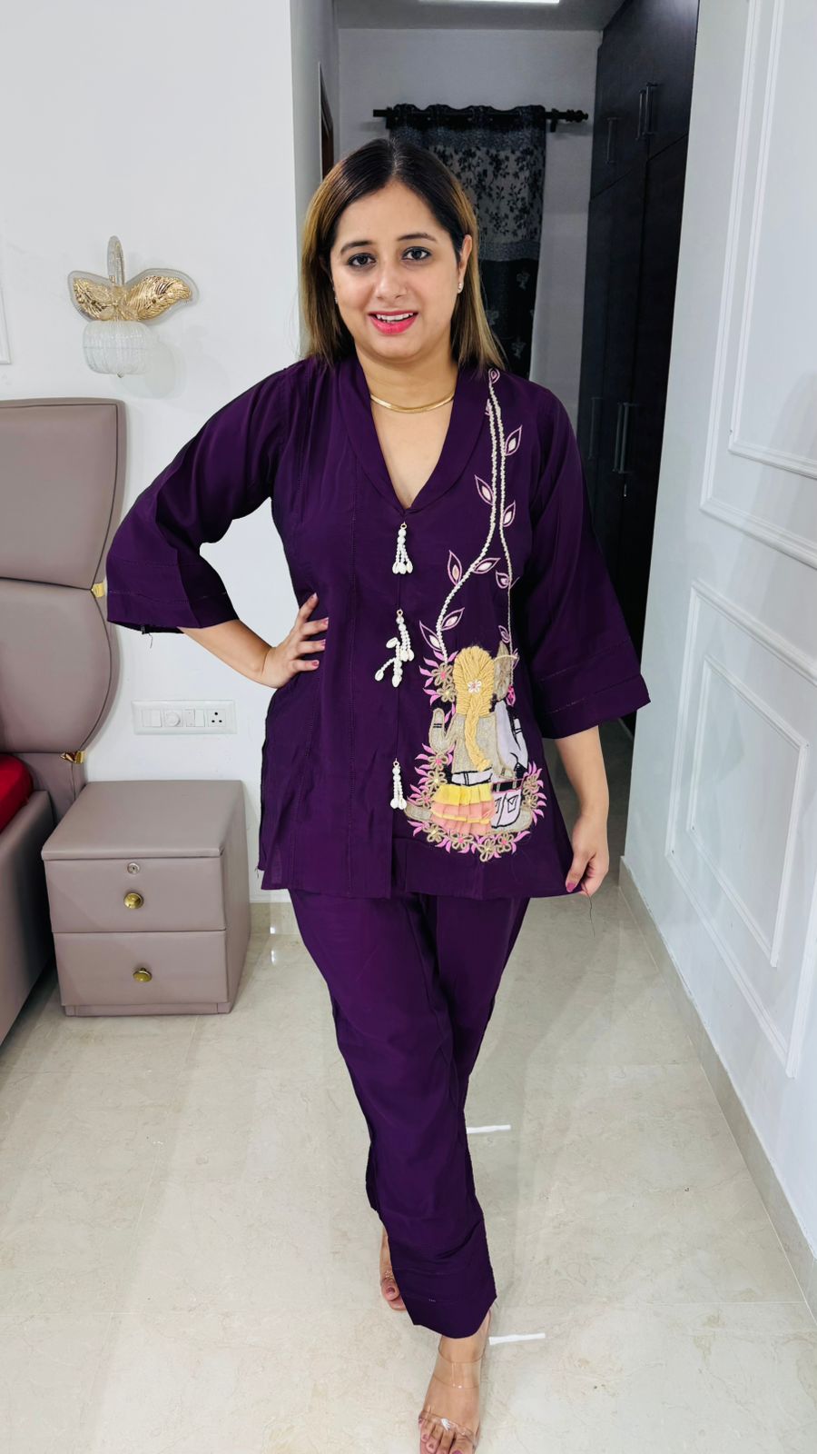 Fivra💎 | Purple Spiritual Kurta Set with Ganesha Applique and Tie Tassels