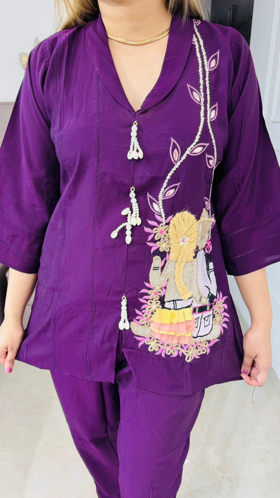Fivra💎 | Purple Spiritual Kurta Set with Ganesha Applique and Tie Tassels