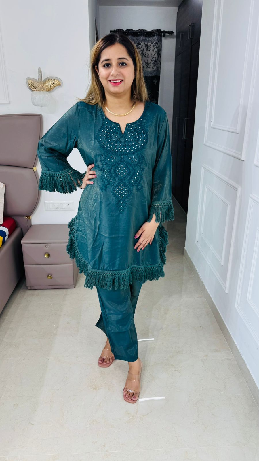 Clova🍀 | Teal Green Velvet Touch Suit Set with Sequin Embellished Yoke and Fringe Hem