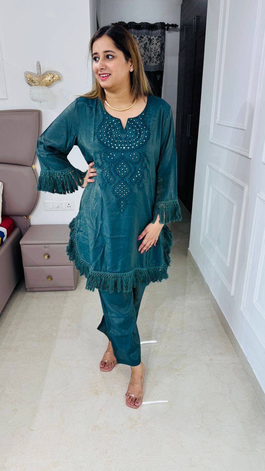 Clova🍀 | Teal Green Velvet Touch Suit Set with Sequin Embellished Yoke and Fringe Hem