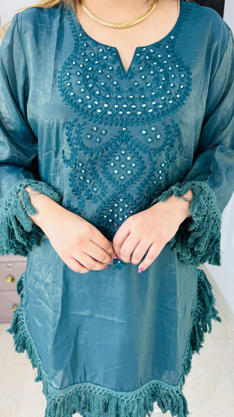 Clova🍀 | Teal Green Velvet Touch Suit Set with Sequin Embellished Yoke and Fringe Hem