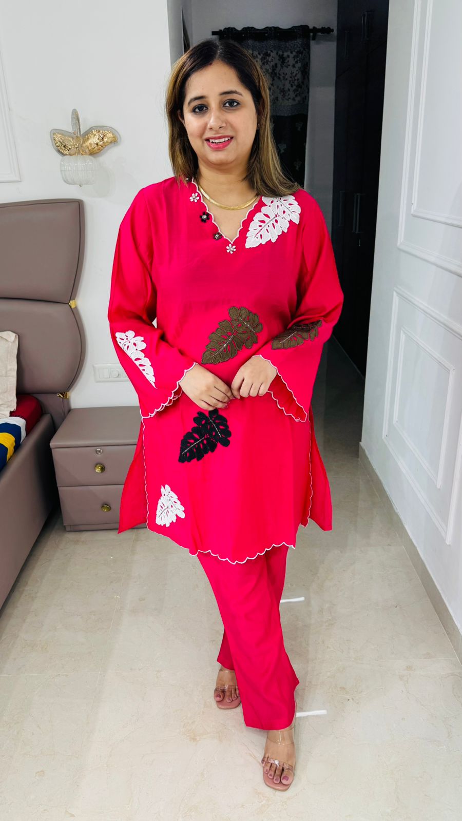 Thalora✨ | Hot Pink Modern Leaf Embroidered Kurta Set with Flared Scallop Sleeves