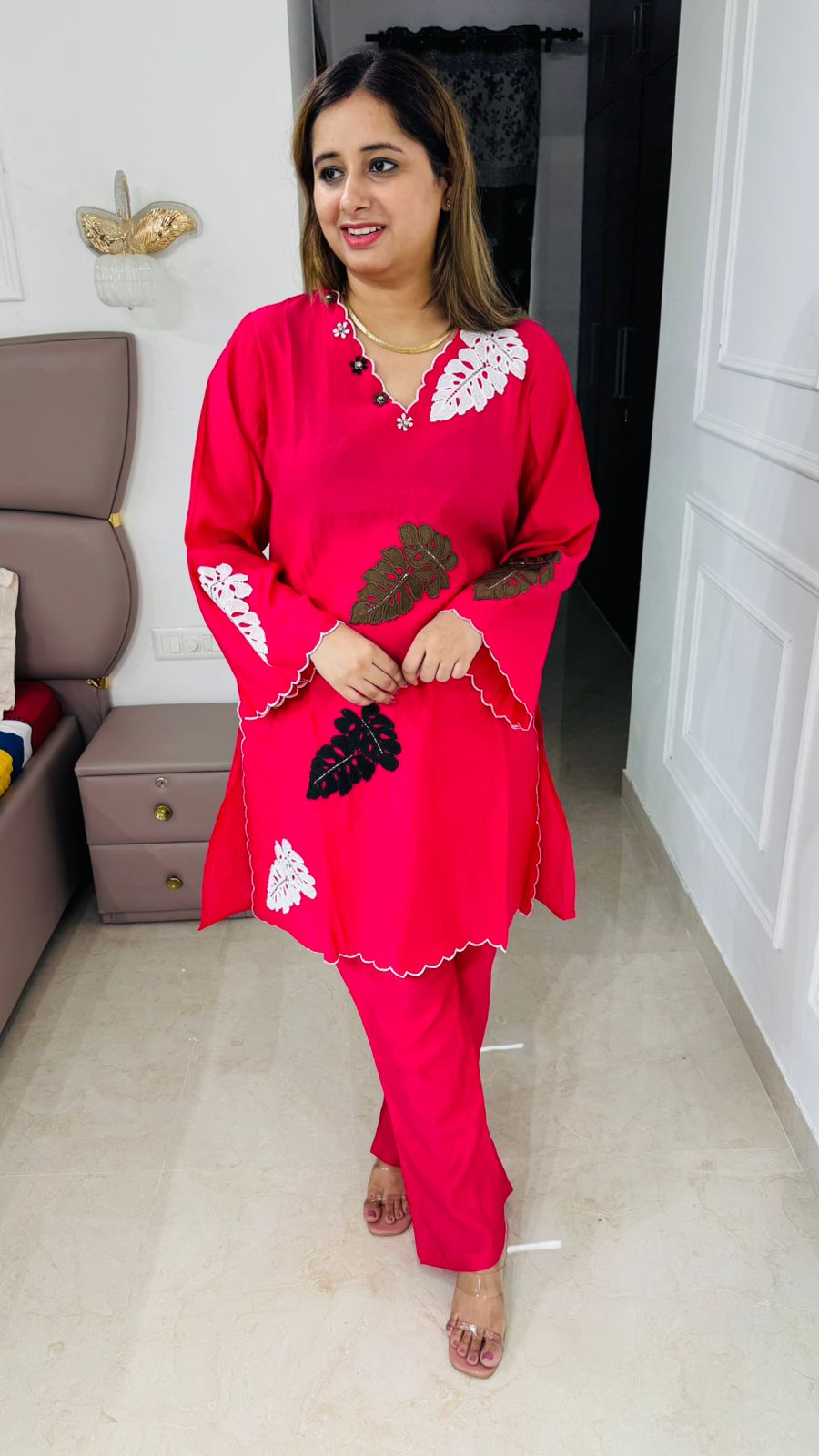 Thalora✨ | Hot Pink Modern Leaf Embroidered Kurta Set with Flared Scallop Sleeves