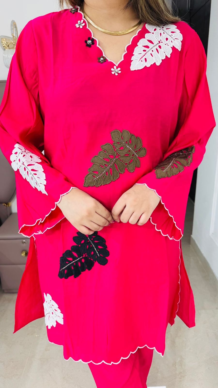 Thalora✨ | Hot Pink Modern Leaf Embroidered Kurta Set with Flared Scallop Sleeves