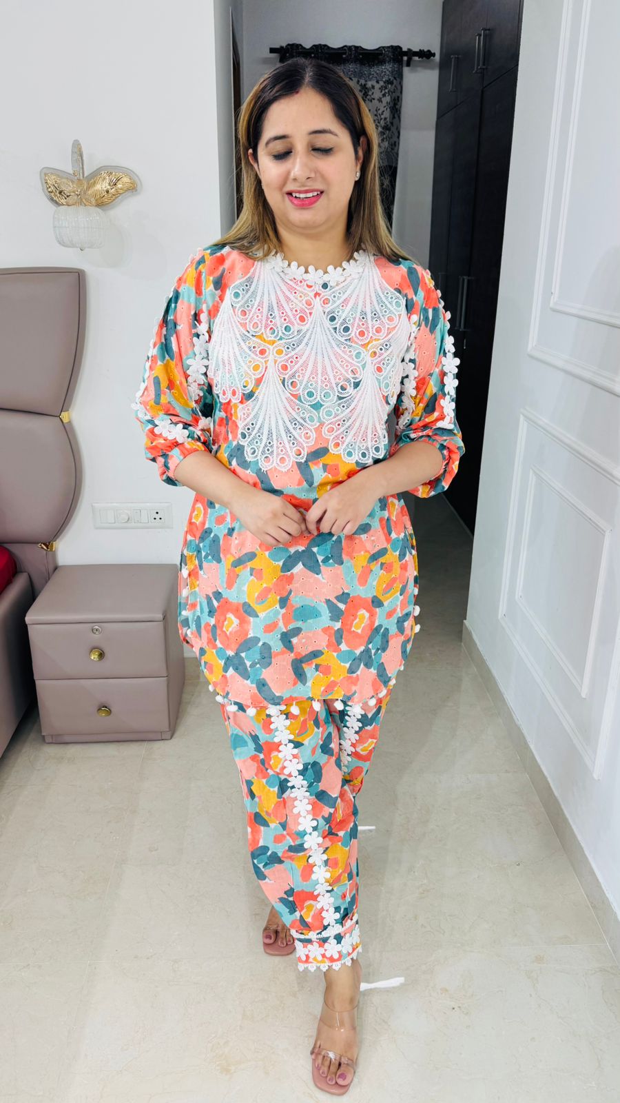 Omira🌟 | Bright Paint-Print Suit Set with 3D Lace Detailing and Floral Motifs