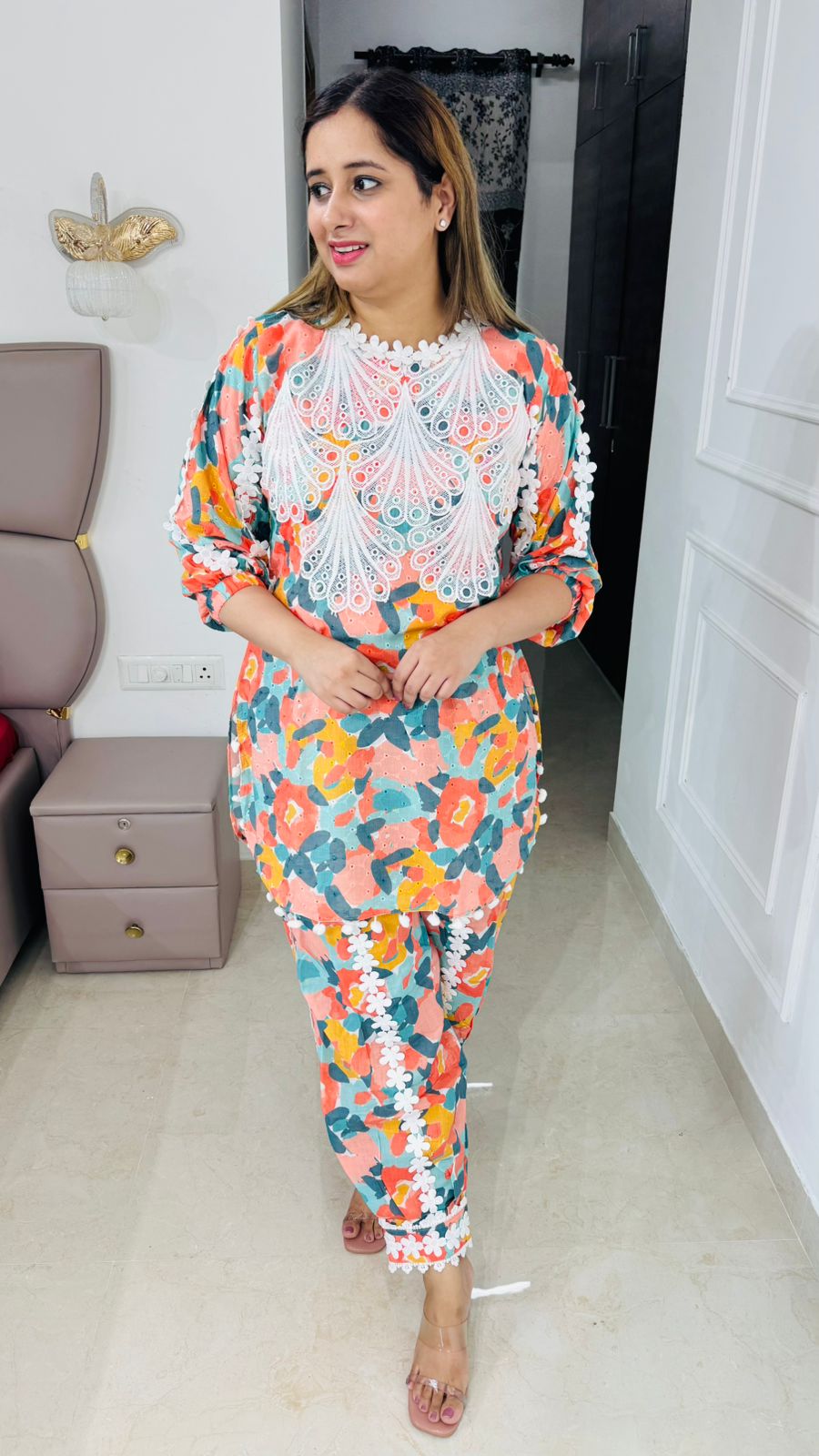 Omira🌟 | Bright Paint-Print Suit Set with 3D Lace Detailing and Floral Motifs