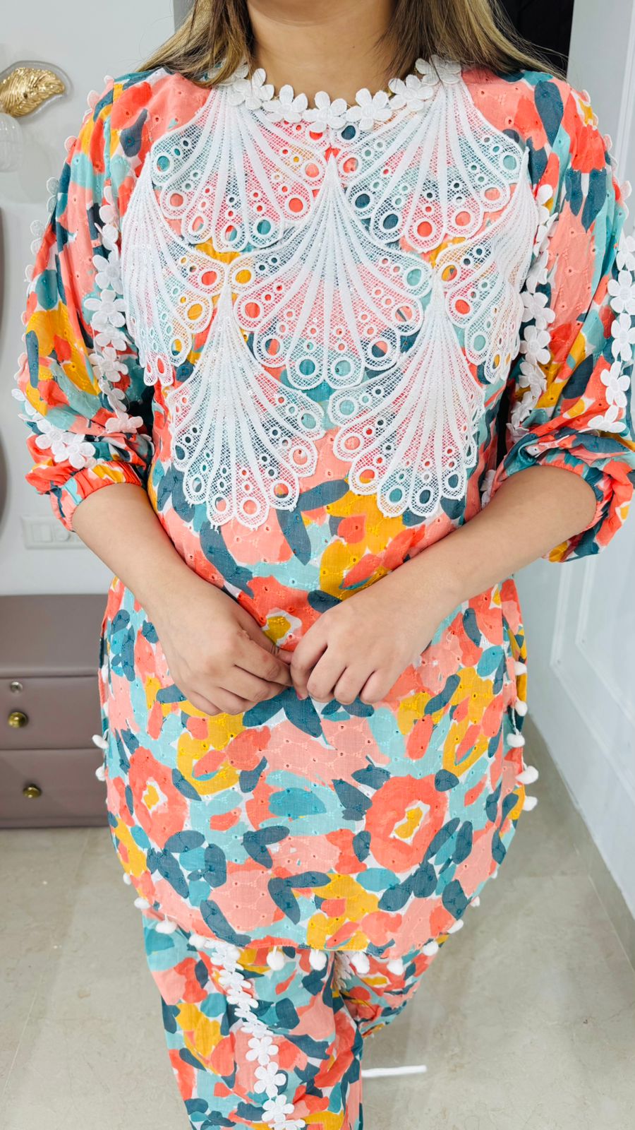 Omira🌟 | Bright Paint-Print Suit Set with 3D Lace Detailing and Floral Motifs