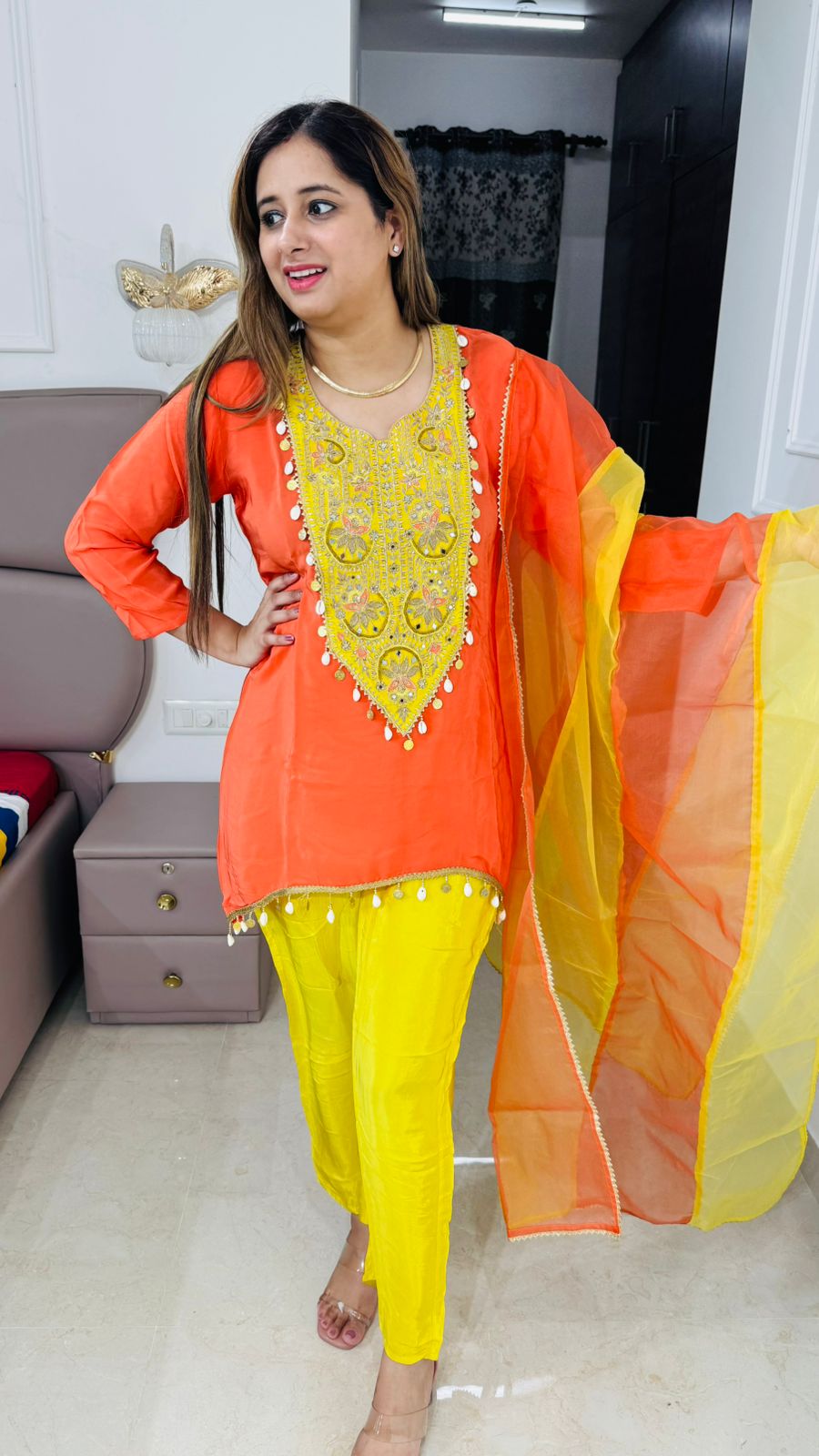 Ruvya💃 | Bright Orange and Yellow Suit Set with Mirror, Thread & Pearl Detailing