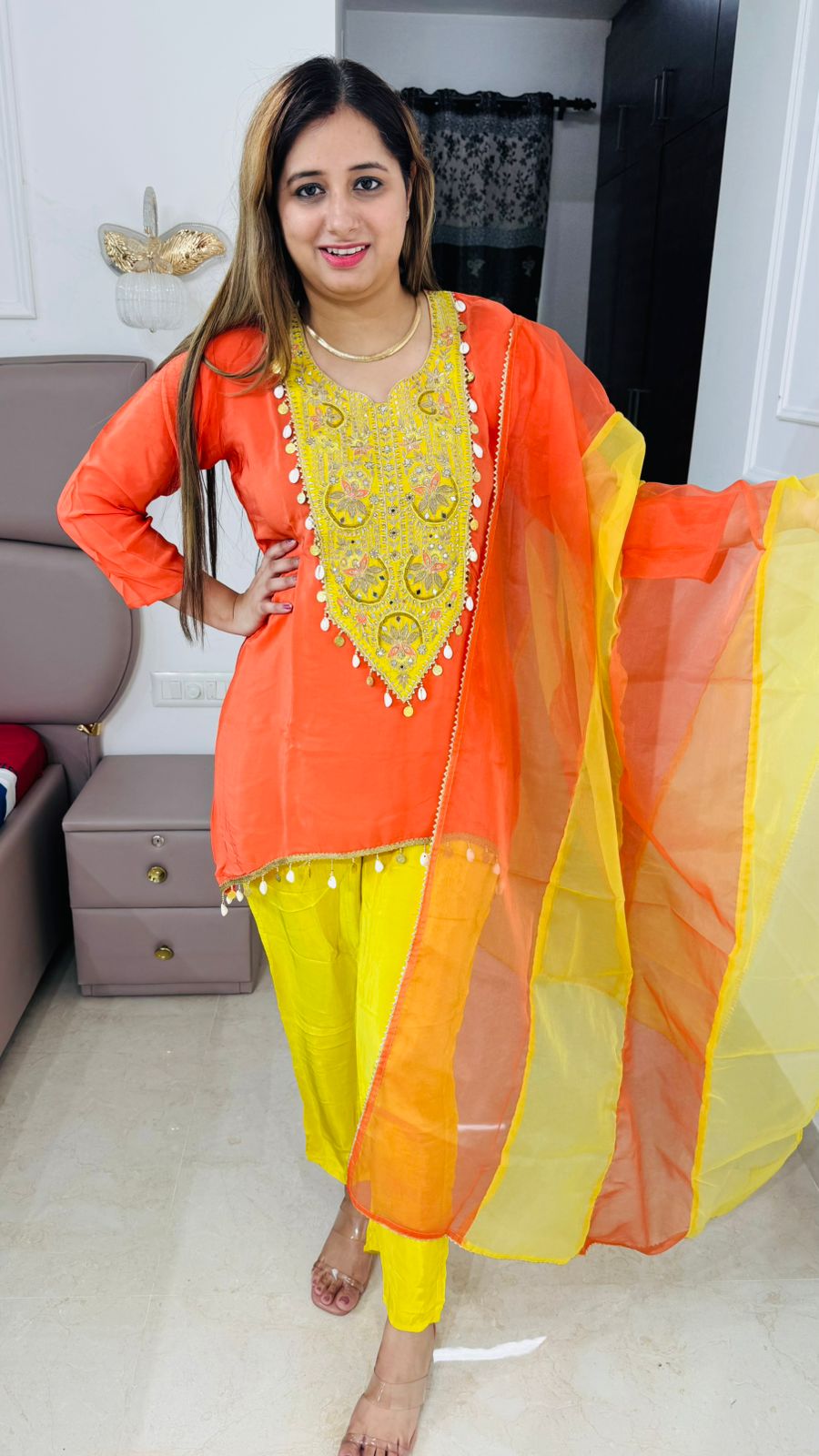 Ruvya💃 | Bright Orange and Yellow Suit Set with Mirror, Thread & Pearl Detailing