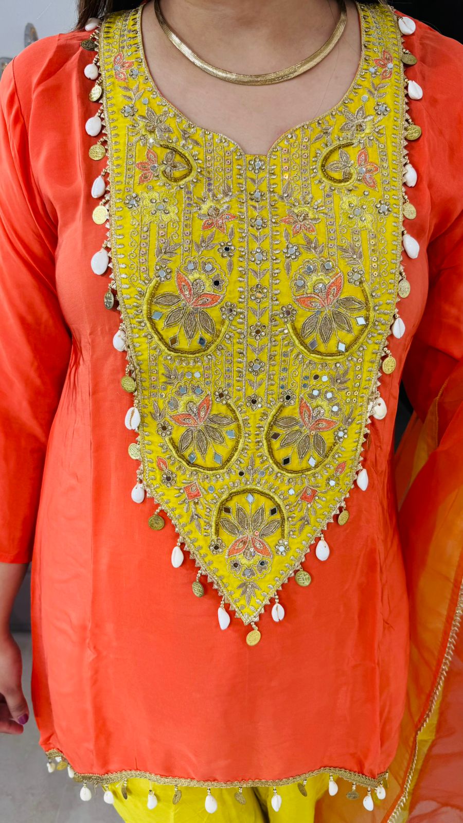 Ruvya💃 | Bright Orange and Yellow Suit Set with Mirror, Thread & Pearl Detailing