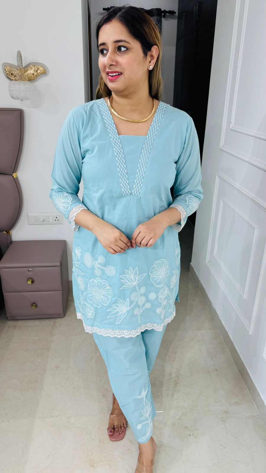 Luxira👑 | Sky Blue Floral Embroidery Suit Set with Lace Finishing