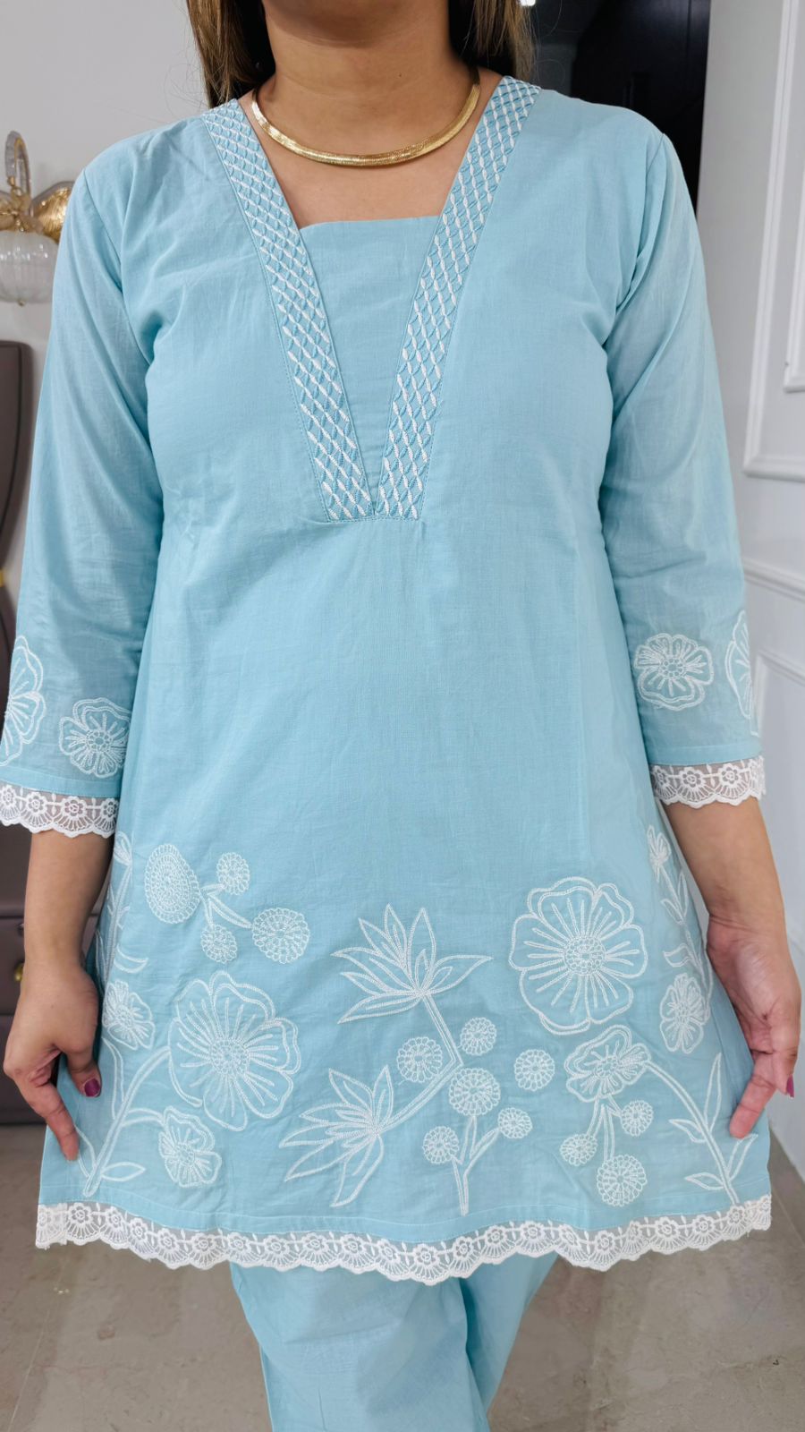 Luxira👑 | Sky Blue Floral Embroidery Suit Set with Lace Finishing