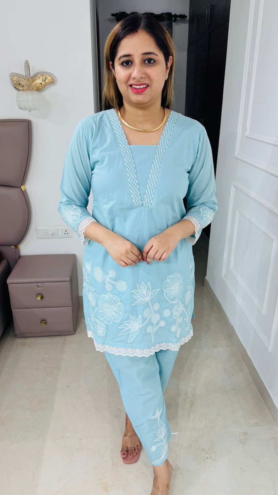 Luxira👑 | Sky Blue Floral Embroidery Suit Set with Lace Finishing