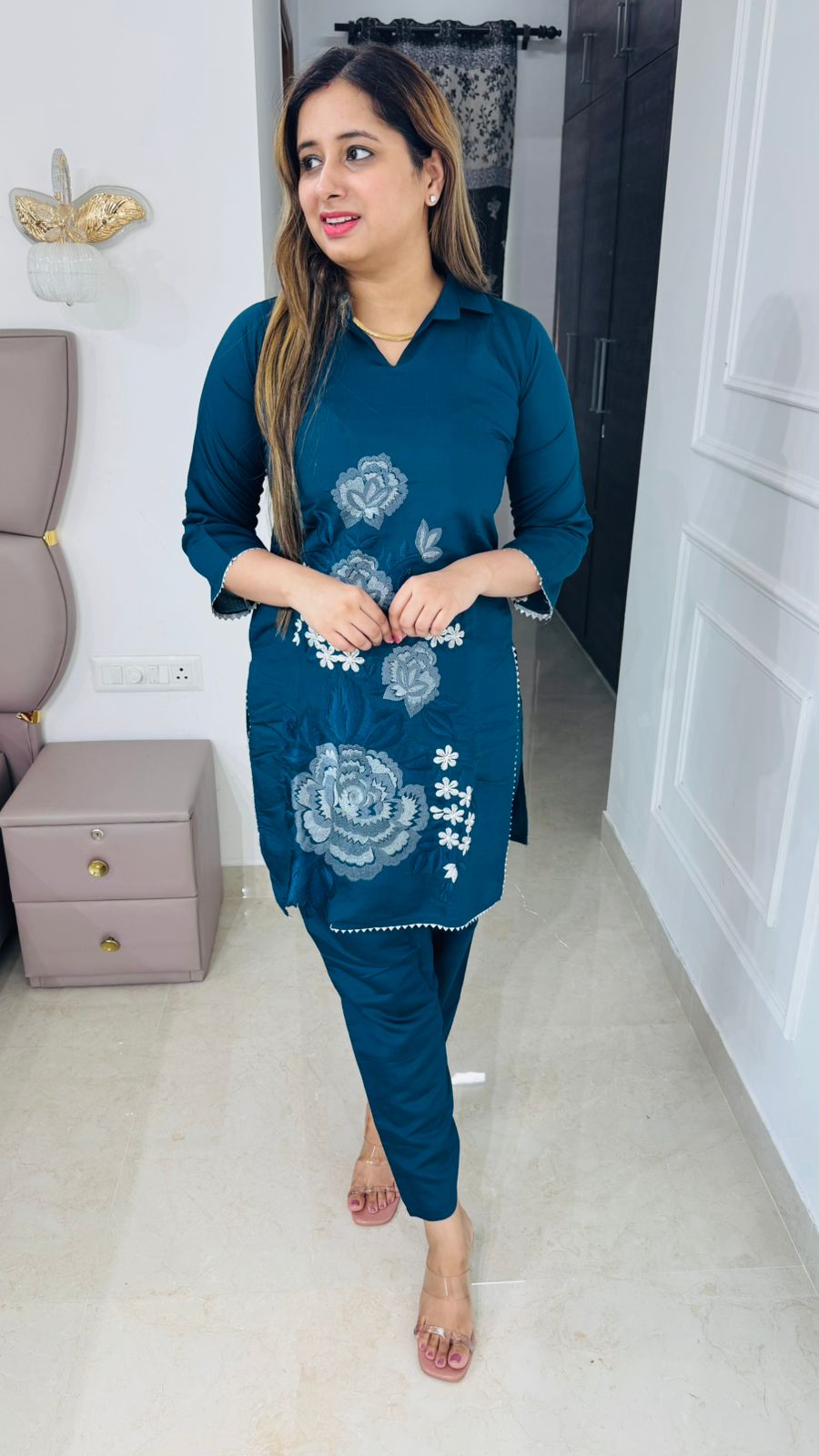 Eline🕊️ | Dark Teal Kurta Set with Stylized Rose and Leaf Threadwork