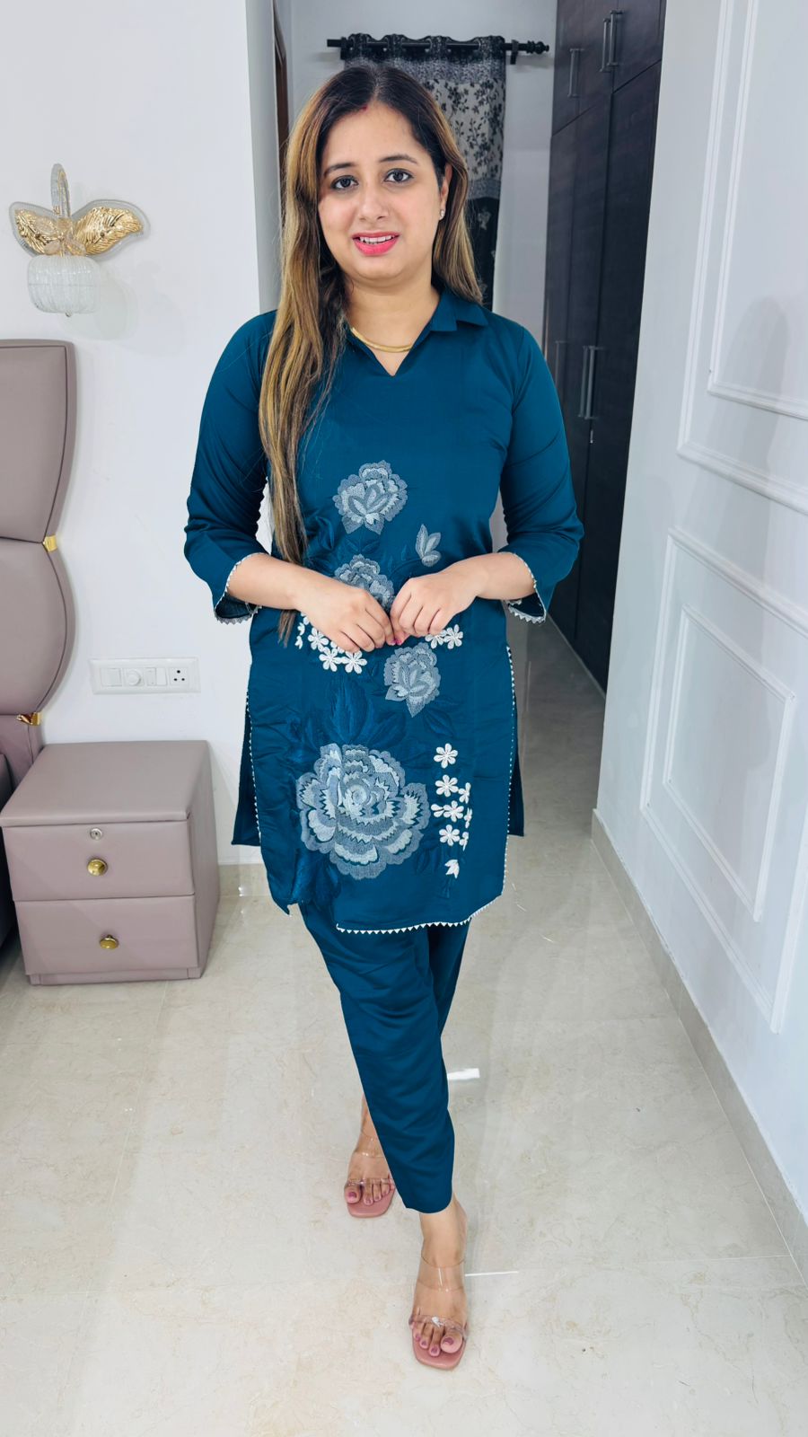 Eline🕊️ | Dark Teal Kurta Set with Stylized Rose and Leaf Threadwork
