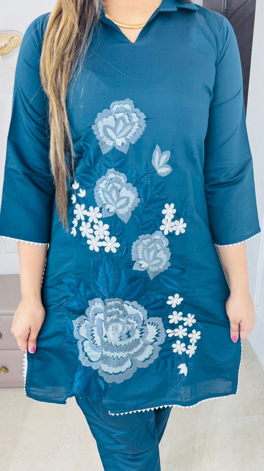 Eline🕊️ | Dark Teal Kurta Set with Stylized Rose and Leaf Threadwork