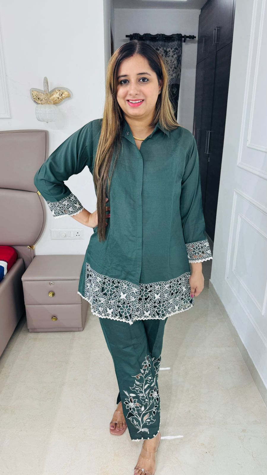 Auriel💫 | Designer Emerald Green Shirt Kurta Set with Scallop Lace and Floral Pants