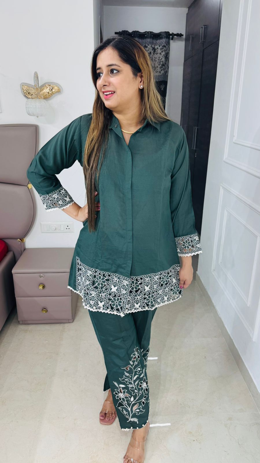 Auriel💫 | Designer Emerald Green Shirt Kurta Set with Scallop Lace and Floral Pants