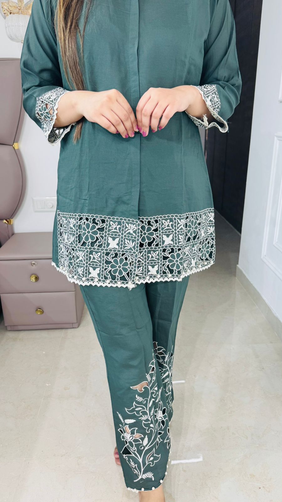 Auriel💫 | Designer Emerald Green Shirt Kurta Set with Scallop Lace and Floral Pants