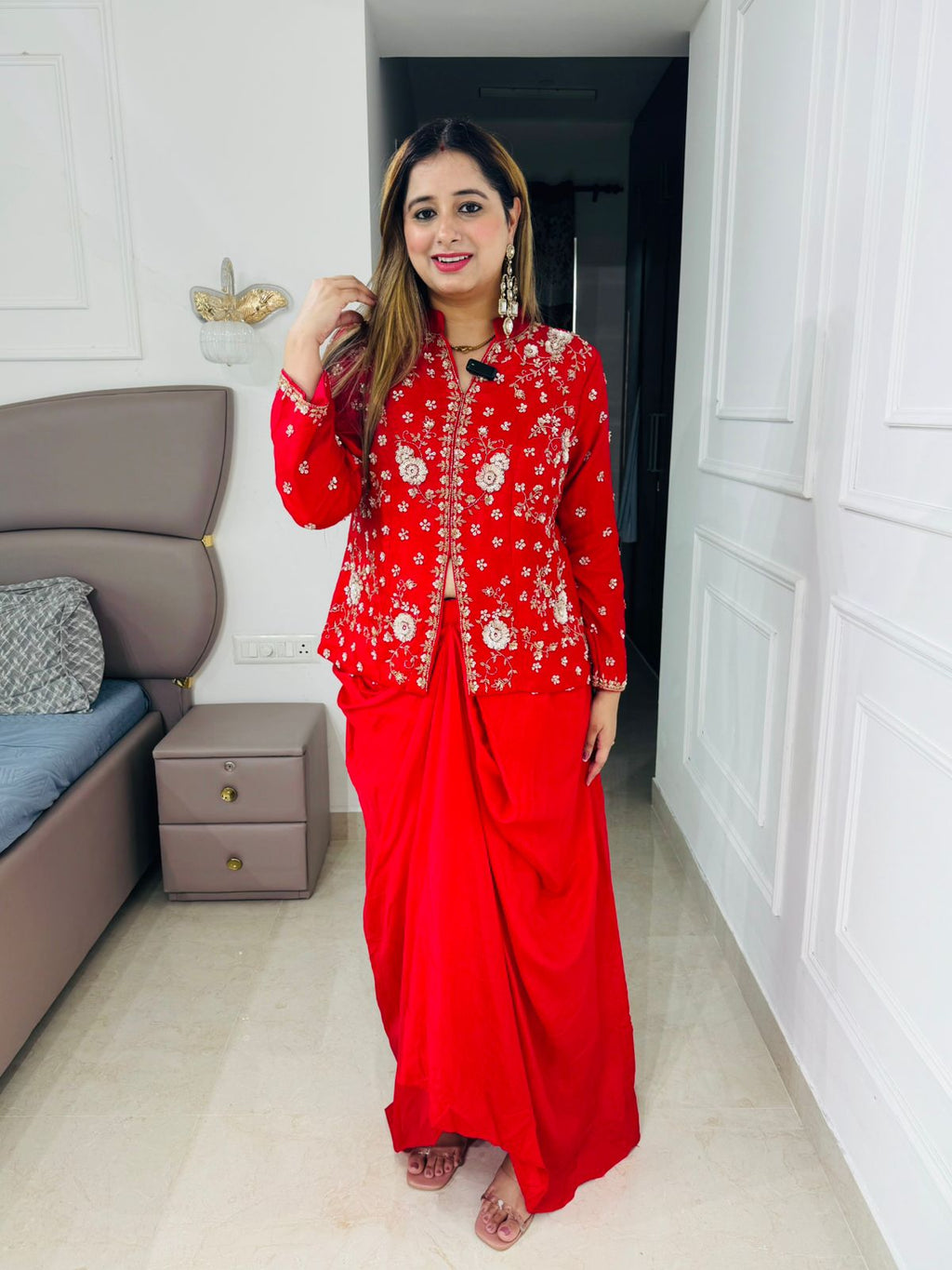 Suhavani💫 | Red Drape Skirt Set with Hand Embellished Long Jacket